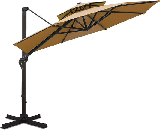 11FT Double Top Cantilever Patio Umbrella Deluxe Offset Umbrella 360° Rotation & Integrated Tilting System Heavy Duty Outdoor Umbrella for Market Garden Deck Pool Backyard Patio(Tan)